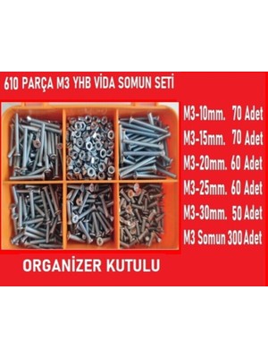 M3 Yhb Vida Somun SETI-610 Adet-Metrik 3mm-Boy 10-15-20-25-30 mm Organizer Kutulu