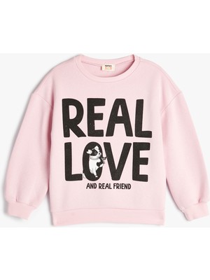 Koton Kız Çocuk Uzun Kollu Slogan Baskılı Şardonlu Sweatshirt Pembe Renk Truvakar Kol