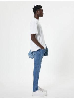 Koton Michael Jean Erkek Skinny Fit Kot Pantolon Mavi Desenli Dar Paça Günlük Stil