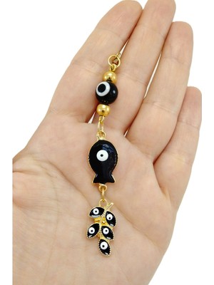 Biuti Siyah Cam Nazar Boncuklu Araba Dikiz Ayna Süsü Metal Balık Salkım Boncuk Lüks Hediyelik Aksesuar