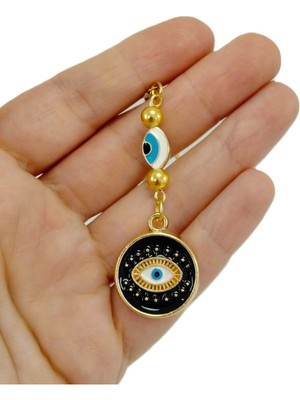 Biuti Metal Siyah Nazar Boncuğu Araba Dikiz Ayna Süsü Hediyelik Aksesuar Gold Renkli Elastik Ip