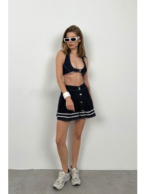 Black Fashion Çizgili Pileli Etek