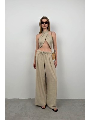 Black Fashion Çapraz Bağlamalı Keten Crop