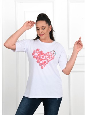 Koza Kadın Büyük Beden Kalp Şeklinde Papatya Baskılı T-Shirt 1575-23