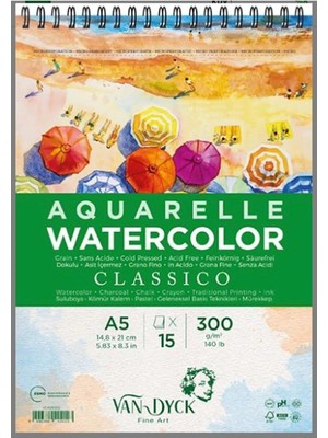 Van Dyck Sulu Boya Resim Defteri Blok Classico Dokulu Cldpres A5 Üstten Spiralli 15 Yaprak