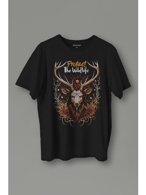 Kendim Seçtim Unisex T-Shirt Protect The Wildlife The Deer Nature Outdoor Doğa Geyik Siyah Baskılı Tişört