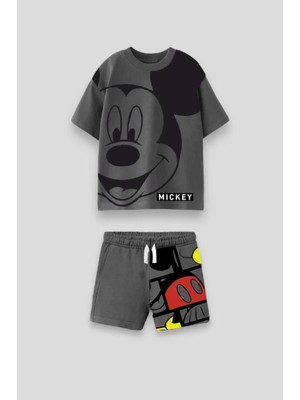 Magu Çocuk Siyah Mickey Mouse Desenli Pamuklu T-Shirt Şort Alt-Üst Takım