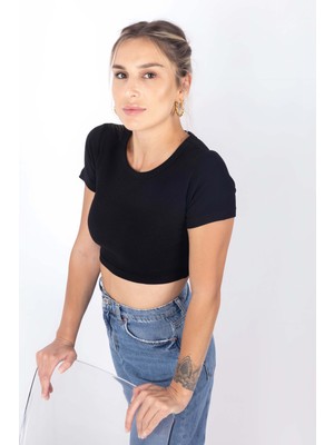 Coredra Kadın Fitilli Crop Bluz  - Siyah