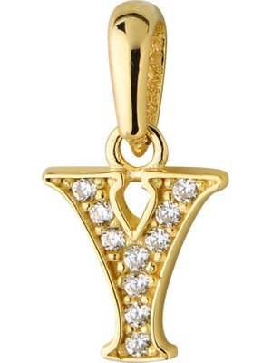 goldkupe 14 Ayar Altın Y Harfi Taşlı Kolye Ucu 0,47 gr