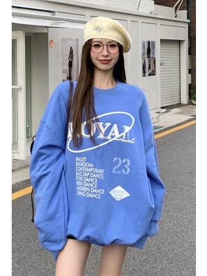 Trendseninle Kadın Indigo Mavi Royal Baskılı Bisiklet Yaka Salaş Uzun Kollu Oversize Sweatshirt