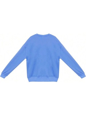 Trendseninle Kadın Indigo Mavi Royal Baskılı Bisiklet Yaka Salaş Uzun Kollu Oversize Sweatshirt