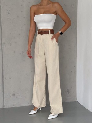 Kadın Ham Keten Palazzo Kadın Pantolon Kemerli Beli Lastikli