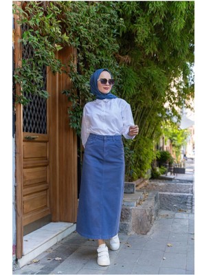 Vellichor Kadın Tesettür Etek Pamuklu Gabardin 90 cm Bel: 76 cm Mavi Renk