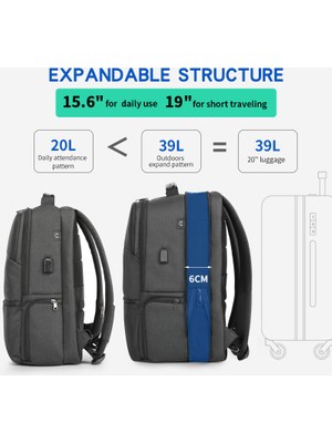 Tushuangjue Siyah Tigernu T-B3905 19 Inç Genişletilebilir Basit Sırt Çantası Su Geçirmez USB Rfid Bagpack Mochila Laptop Sırt Çantası Erkekler Için (Yurt Dışından)