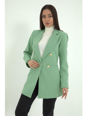 Shemard Omuzları Vatkalı Önü Çıtçıtlı Atlas Kumaş Kadın Blazer Ceket - Mint Yeşili