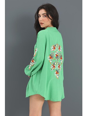 Shemard Kimono Reglan Kol Nakışlı Keten - Yeşil