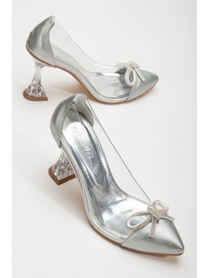 Shemard Gümüş Stiletto Taşlı Cilt Şeffaf  Topuklu Ayakkabı