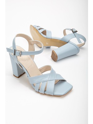 Shemard Hope Yüksek Topuklu Bebe Mavisi Cilt Küt Burun Kadın Ayakkabı