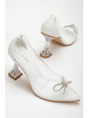 Shemard Beyaz Stiletto Taşlı Şeffaf  Topuklu Ayakkabı