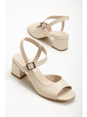 Shemard Keri Topuklu Krem Cilt Küt Burun Kadın Ayakkabı