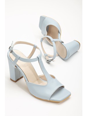 Shemard Entela Topuklu Bebe Mavisi Cilt Küt Burunlu Kadın Ayakkabı