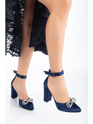 Shemard Nenya Lacivert Saten Taş Detaylı Topuklu Kadın Ayakkabı