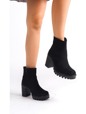 Zerişa Siyah  Süet Fermuarlı Topuklu Kadın