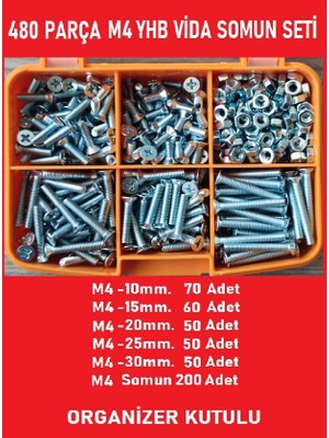 M4 Yhb Vida Somun SETI-480 Adet-Metrik 4mm-Boy 10-15-20-25-30 mm Organizer Kutulu-4mm Vida Somun
