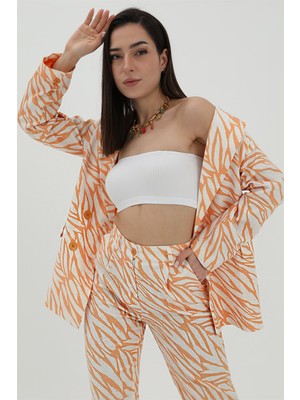 Shemard Zebra Desen Oversize Keten Ceket - Turuncu