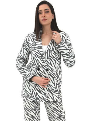 Shemard Zebra Desen Oversize Keten Ceket - Siyah