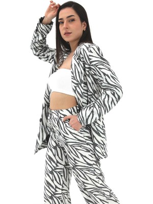 Shemard Zebra Desen Oversize Keten Ceket - Siyah