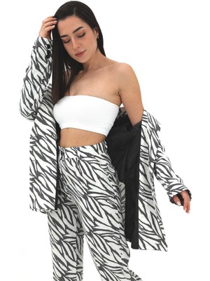 Shemard Zebra Desen Oversize Keten Ceket - Siyah