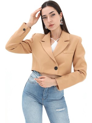 Shemard Crop Blazer Kısa Ceket - Camel