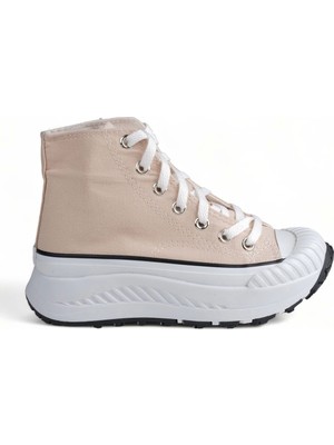 Melen Shoes Melen Shoes Elixia Kalın Tabanlı Bej Boğazlı Uzun Keten Spor Ayakkabı