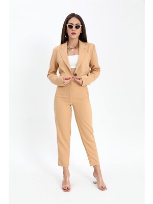 Shemard Çift Peto Cepli Kısa Crop Blazer Ceket - Camel