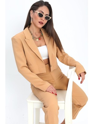 Shemard Çift Peto Cepli Kısa Crop Blazer Ceket - Camel