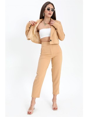 Shemard Çift Peto Cepli Kısa Crop Blazer Ceket - Camel