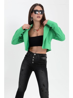 Shemard Çift Peto Cepli Kısa Crop Blazer Ceket - Yeşil