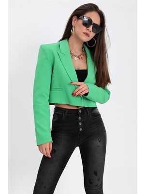 Shemard Çift Peto Cepli Kısa Crop Blazer Ceket - Yeşil