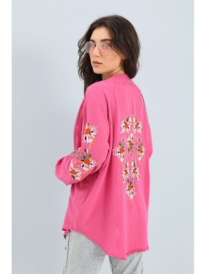 Shemard Kimono Reglan Kol Nakışlı Keten - Fuşya