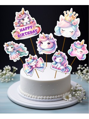 Hiras Dizayn 7parça Unicorn Tekboynuz Büyük Pasta Kürdanı Pasta Süsü Cupcake Kürdanı Doğum Günü Süsleri