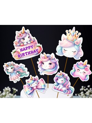 Hiras Dizayn 7parça Unicorn Tekboynuz Büyük Pasta Kürdanı Pasta Süsü Cupcake Kürdanı Doğum Günü Süsleri