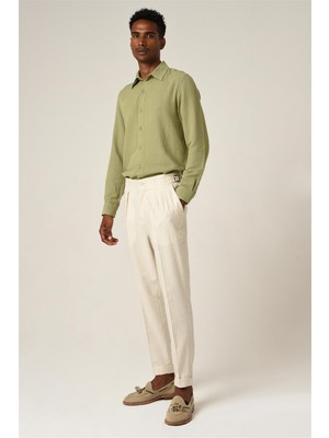 Antioch Ekru Yüksek Bel Pileli Keten Erkek Pantolon