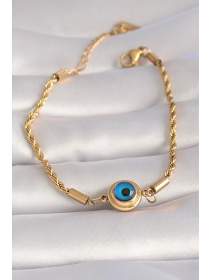 Clariss 316L Çelik Gold Renk Burgu Zincir Nazar Boncuk Model Kadın Bileklik