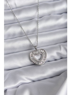 Çarşı Point 316l Çelik Zincir Gümüş Zirkon Taşlı Kalpli Kadın Kolye