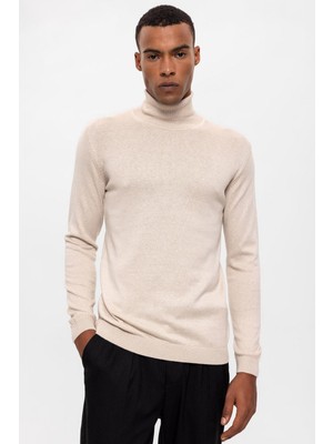 Antioch Taş Renkli Tam Boğazlı Erkek Triko Slim Fit Uzun Kollu Günlük Stil