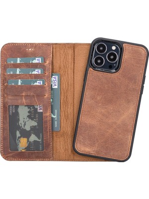 PLM Apple iPhone 13 Pro Max Uyumlu Deri Cüzdanlı Kılıf Mwwn G2 Kahve