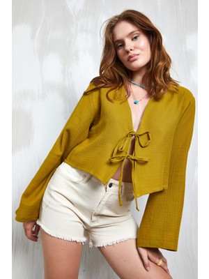 Minaaise Yağ Yeşili Müslin Kumaş Önden Bağlamalı Bluz 27355