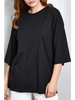 Minaaise Siyah Oversize Basic Penye T-Shirt 25358