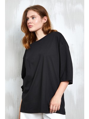 Minaaise Siyah Oversize Basic Penye T-Shirt 25358